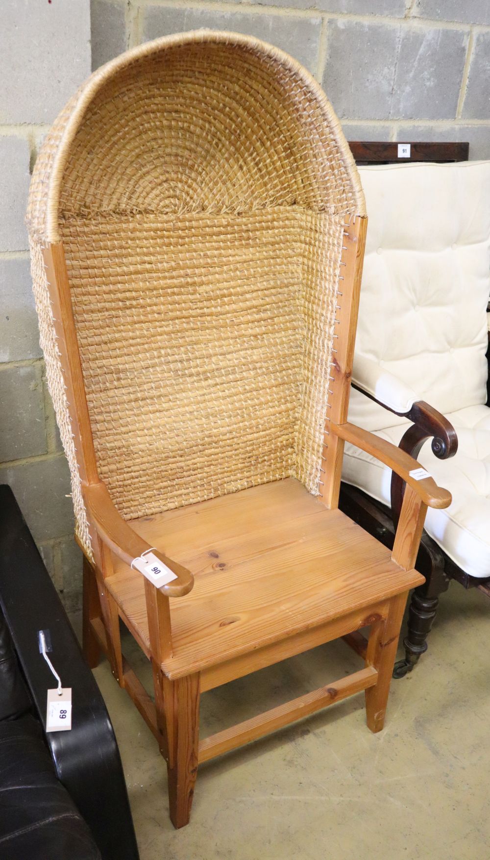 An Orkney Islands pine and rush hooded armchair, c.1960, W.64cm, D.44cm, H.130cm